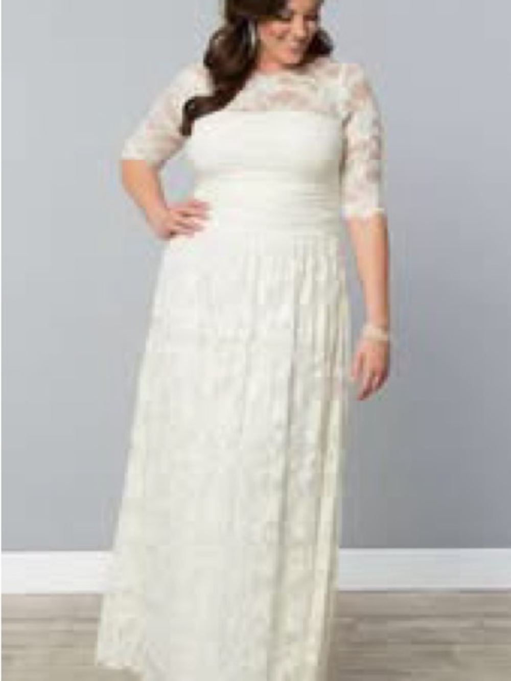Kiyonna Ivory Lace Maxi Dress with Sheer Lace Yoke